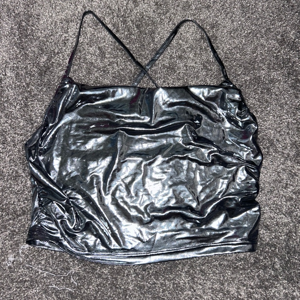 Silver metallic crop tank top